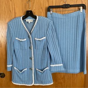 St. John Collection 2-Piece Skirt Set, light blue with white, women’s size 8P